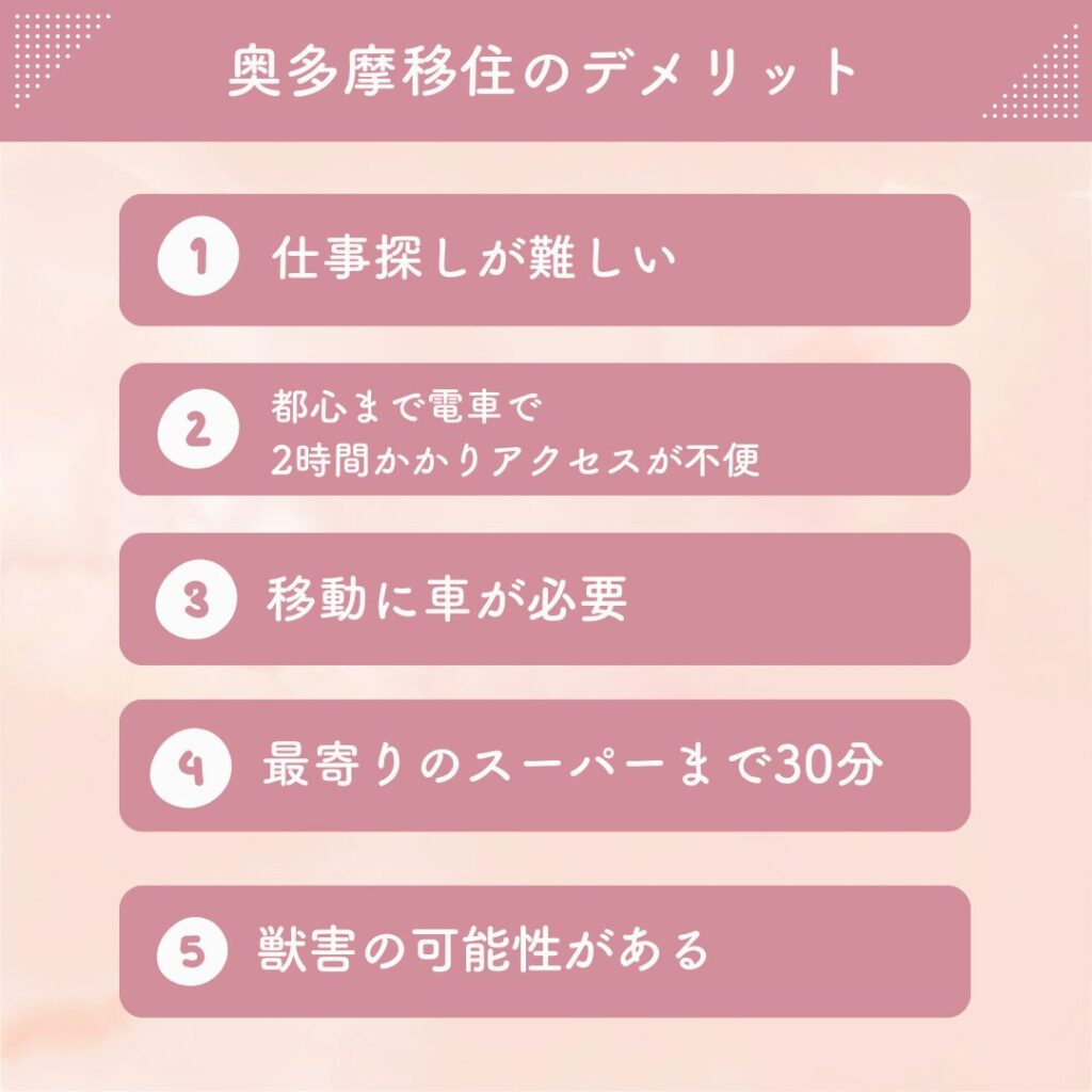 奥多摩移住のデメリット
仕事探しが難しい
都心まで電車で2時間かかりアクセスが不便
移動に車が必要
最寄りのスーパーまで30分
獣害の可能性がある