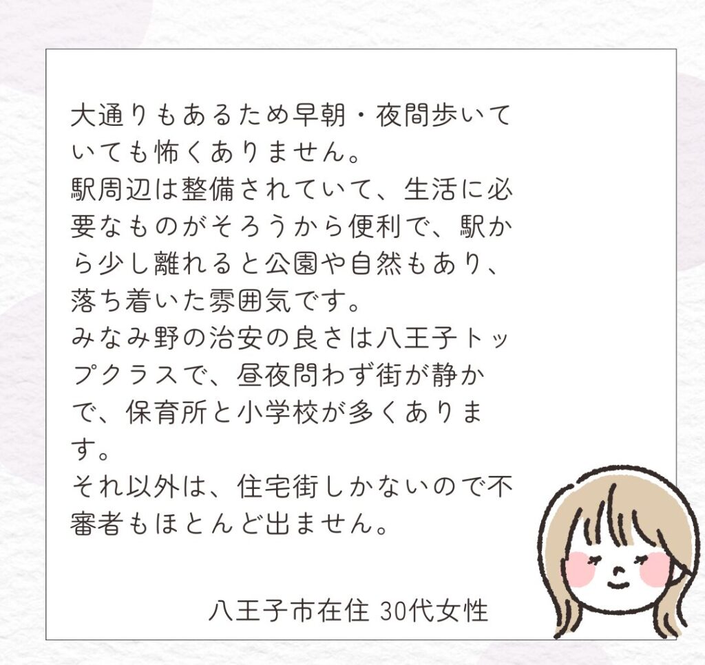 八王子市在住 30代女性
大通りもあるため早朝・夜間歩いていても怖くありません。駅周辺は整備されていて、生活に必要なものがそろうから便利で、駅から少し離れると公園や自然もあり、落ち着いた雰囲気です。みなみ野の治安の良さは八王子トップクラスで、昼夜問わず街が静かで、保育所と小学校が多くあります。それ以外は、住宅街しかないので不審者もほとんど出ません。